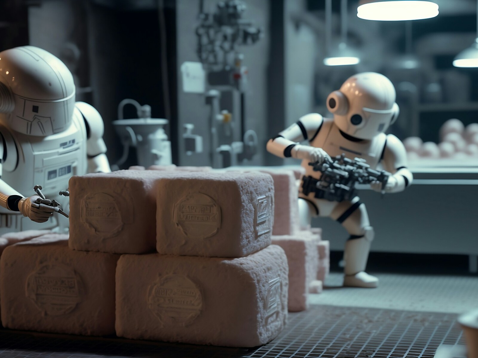 a robot holding a gun next to a pile of rolls of toilet paper